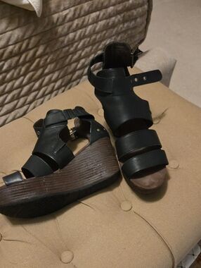 Caterpillar Black LeatherStrappy Wedge Sandals